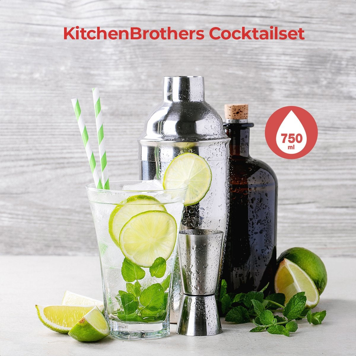 KitchenBrothers Cocktail Set with Cocktail Shaker - 13 Pieces - Complete Set - Gift Box - stainless steel