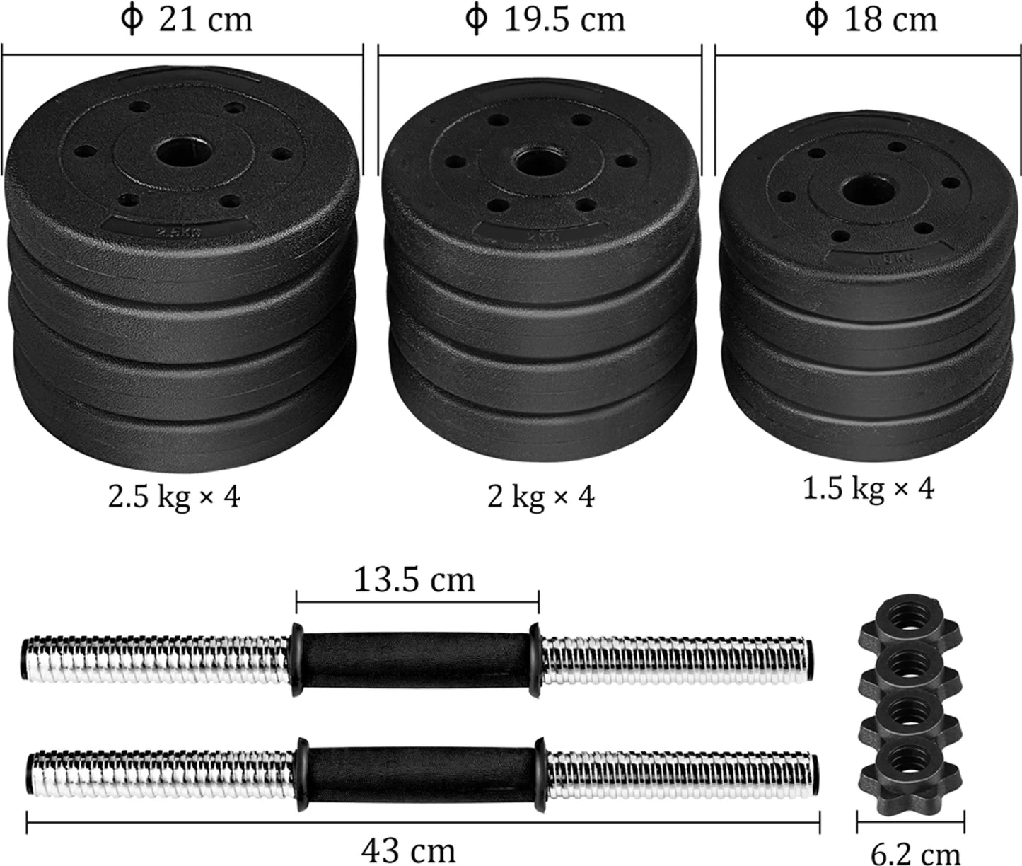 Yaheetech Dumbbell Set 25 kg - 12 disques de poids réglables, poignées antidérapantes et fermoirs en étoile - pour la musculation et l'entraînement - ciment plastique noir et métal - 43 x 21 x 21 cm