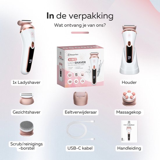 Beeperfect® 6 en 1 rasoirs pour femmes - épilateur - rasoir féminin - tondeuse bikini - rechargeable - étanche - 6 accessoires