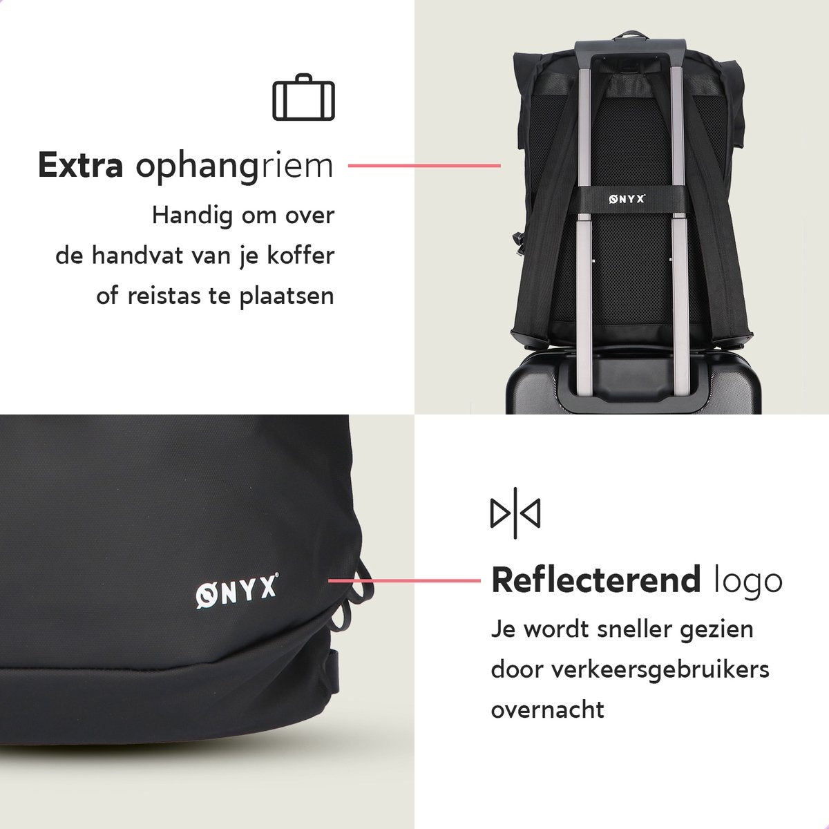 ONYX Rolltop Backpack 25 à 40 L - Avec compartiment pour ordinateur portable - Sac à dos ajustable - Sac de voyage - Imperméable et durable - Noir