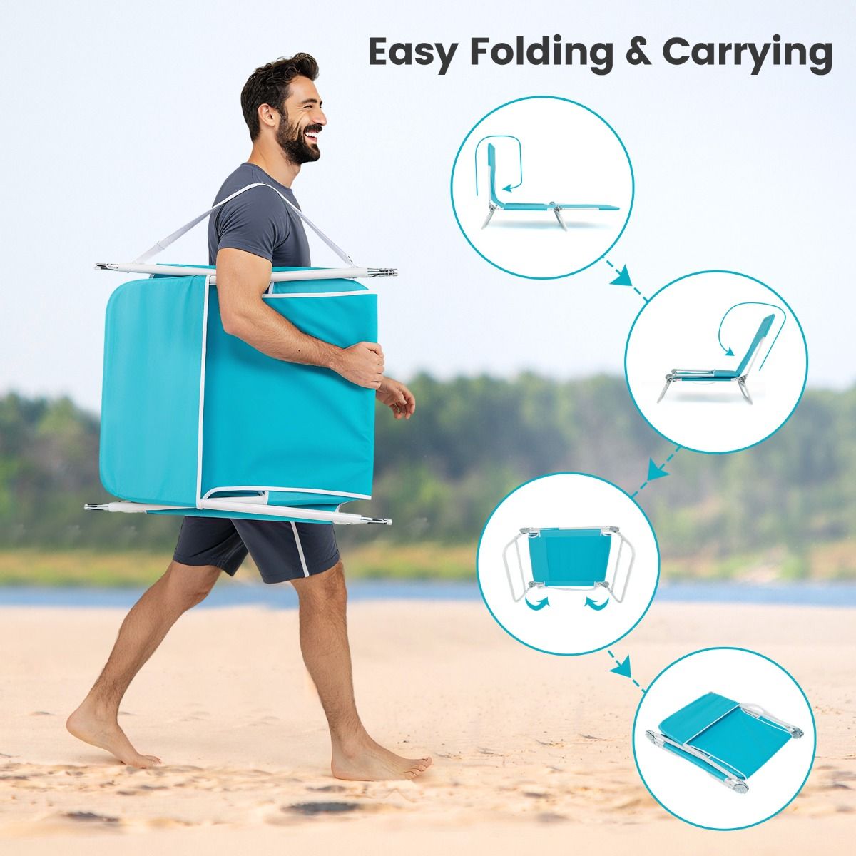 Chaise longue pliable Coast en 2 parties - Réglable sur 5 positions - Bleu - 186 x 55 x 30 cm