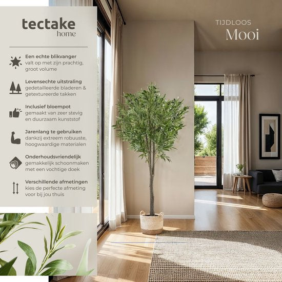 tectake® Olivier artificiel Oleand - Plante artificielle méditerranéenne avec feuilles et olives réalistes - Peu d'entretien et polyvalent - Pot de fleurs robuste inclus - Hauteur : 150 cm