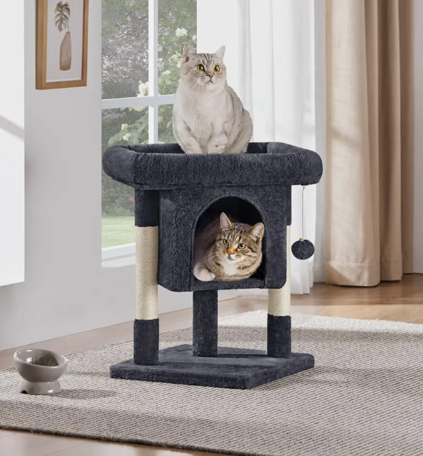 Arbre à chat Yaheetech - Noir - 40,5 x 40,5 x 58 cm - Avec cachette, poteaux en sisal et balle à jouer