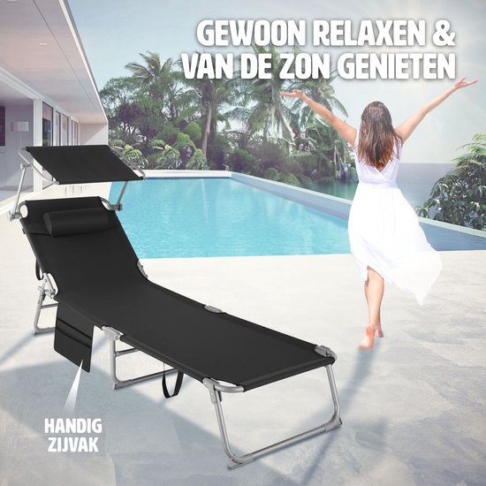 Chaise longue Tectake avec poche latérale et coussin de tête amovible - réglable - pliable - 68 x 190 x 28 cm - noir