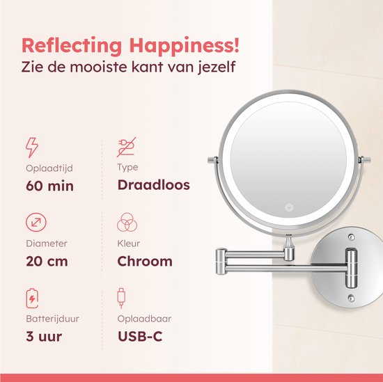 Fraay® Miroir de maquillage avec éclairage LED - grossissement 10x - Miroir grossissant avec lumière - rechargeable - Miroir de rasage - Miroir de salle de bain - Chrome