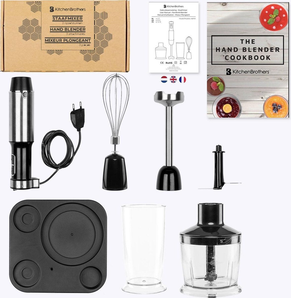Mixeur plongeant 4 en 1 - KitchenBrothers - Hachoir - 800W - 600ML - Acier inoxydable