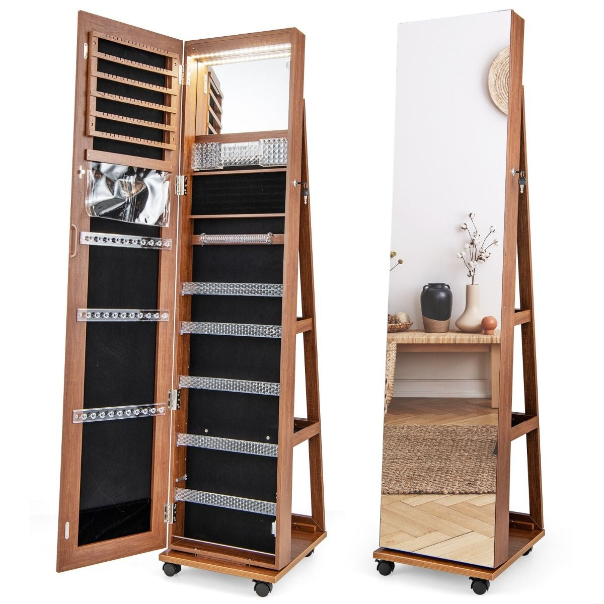 163 cm Armoire à bijoux verrouillable Miroir de maquillage intégré Eclairage LED 3 couleurs Etagères réglables Roulettes universelles