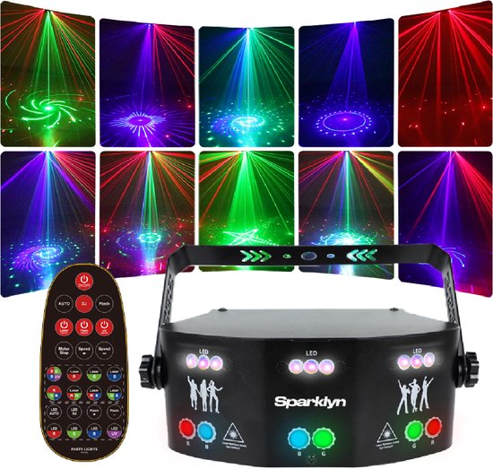 Laser disco professionnel Sparklyn avec 15 projecteurs - 120 combinaisons lumineuses - Télécommande - Contrôlable via DMX - Lampe disco - Noir