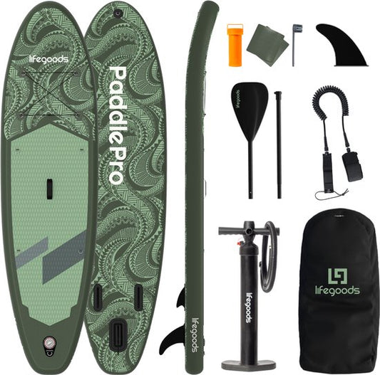 LifeGoods SUP Board All-round Compact - 100 KG Load Capacity - 300 x 76 cm - Inflatable - Complete SUP Package - Green/Leger Green