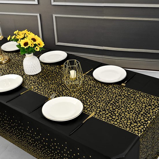 Partizzle 2x nappe plastique jetable - Décorations d'anniversaire - Décoration 50 ans Abraham Sarah - Articles de Noël anciens et nouveaux 2025 / Nouvel An - Noir et or - 274 x 137 cm