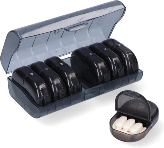 Boîte à pilules Gandria 7 jours - Boîte à pilules amovible - Boîte à médicaments avec 14 compartiments - Boîte à médicaments avec fermeture solide - 2 compartiments par jour - Noir