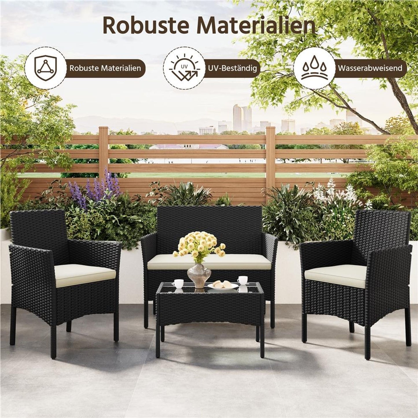 Ensemble de salon Yaheetech en rotin, 4 pièces - Table, 2 chaises et canapé 2 places - Coussins résistants aux intempéries - Noir et beige - 106 x 58 x 80 cm