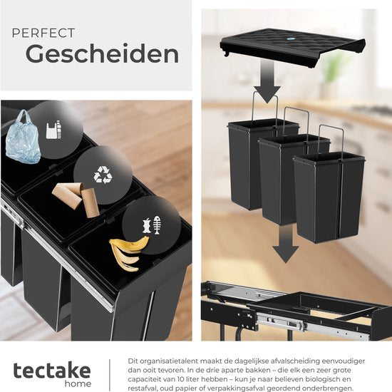 tectake® Collecteur de déchets - Poubelle encastrée - Séparation multiple des déchets - Solution de rangement efficace pour la cuisine et le bureau - Poubelle triple avec rails télescopiques - 3x 10L