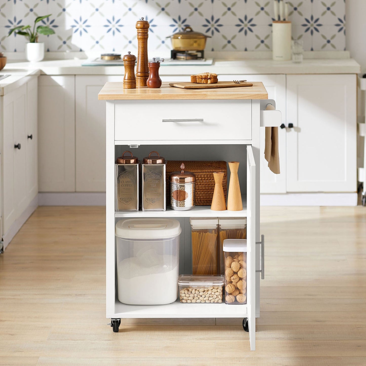 Chariot de Rangement - SoBuy - Chariot de cuisine - Plan de travail inclus - Avec porte et tiroir - Max. 45KG - 68 x 46 x 90 cm - Blanc