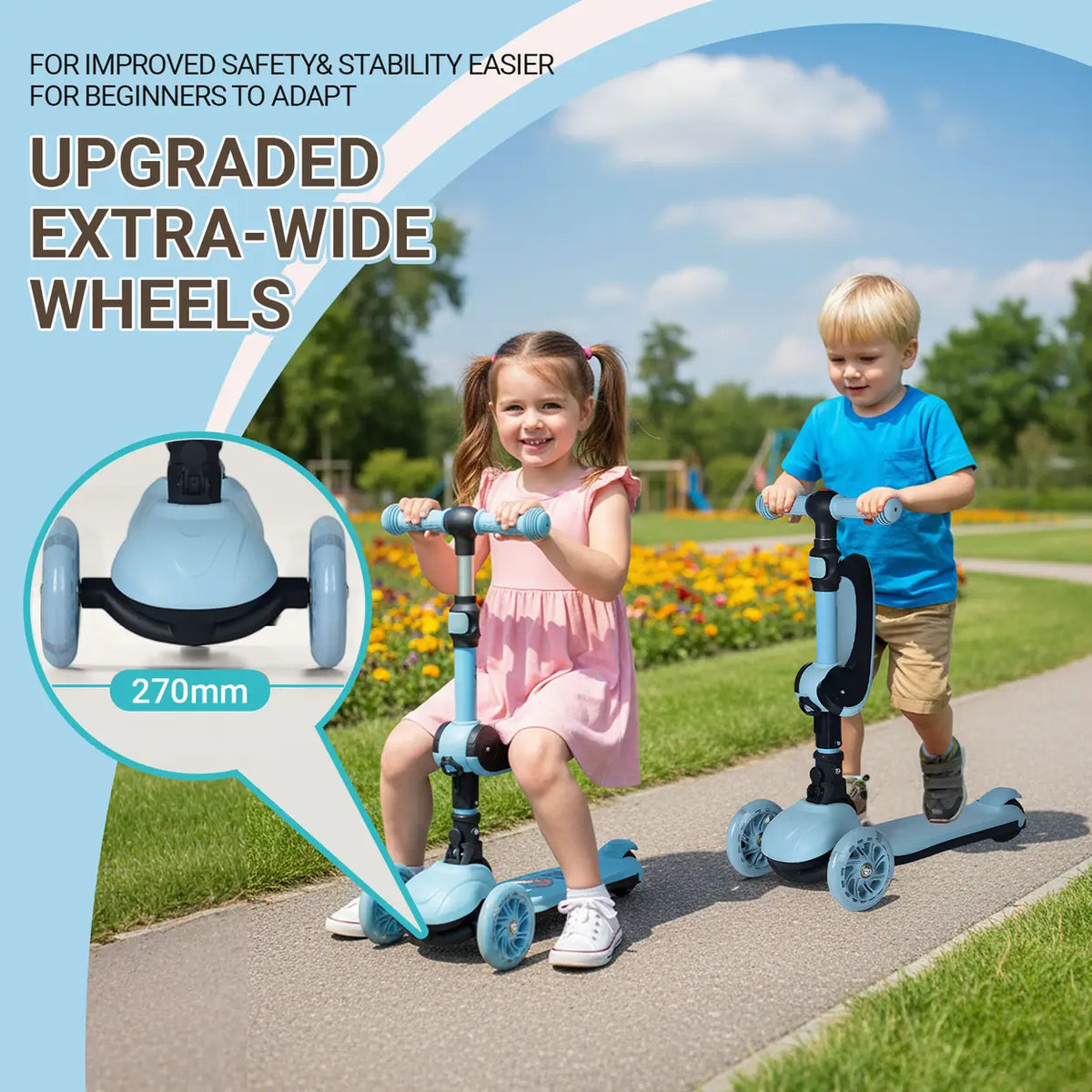 Trottinette pour enfants Neuleb à 3 roues - Bleu ciel - Avec siège, roues lumineuses et 2 réglages de hauteur - À partir de 3 ans