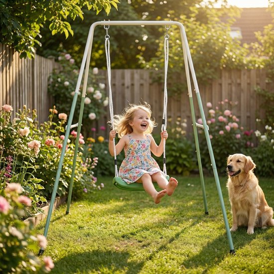 Balançoire 2-en-1 AXI en métaux, couleur verte/crème – Balançoire évolutive - Ensemble de balançoire autonome avec siège en plastique et siège pour bébé - Ensemble de balançoire pour enfants
