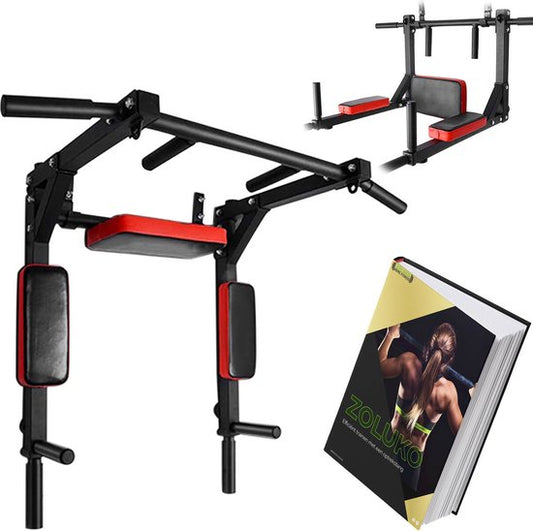 Zoluko Professional Dip & Pull Up Bar Wall Mount - Capacité de charge de 200kg - Dip Station - Including E-book - Easy Mounting - 2 in 1 Pull Up Station and Dip Station for Home Sports - Pull Up Bar Fitness - Dip Bars - Chin Up Bar - Black/Red