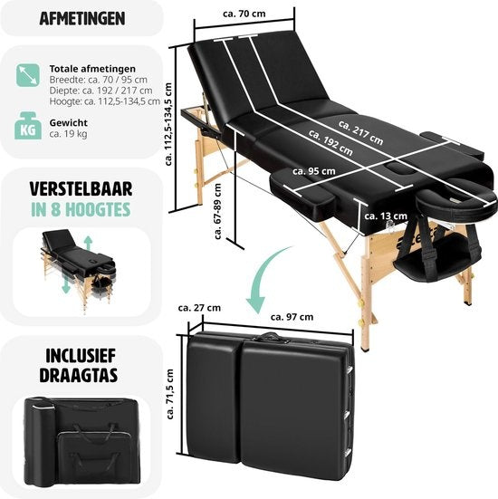 tectake® - Table de massage avec matelas de 10 cm de haut + sac de transport - rembourrage extra épais, revêtement en vinyle résistant à l'eau et à l'huile, design pliable, sac de rangement inclus, idéal pour salon, tatouage, thérapie - noir