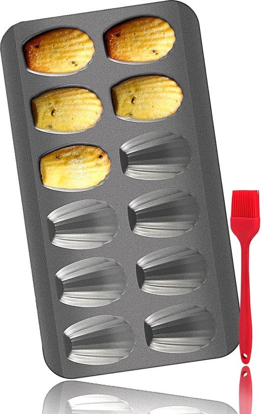Homewell - Moule à Madeleine avec 12 formes de coquilles - Revêtement antiadhésif - Pinceau et livre électronique inclus