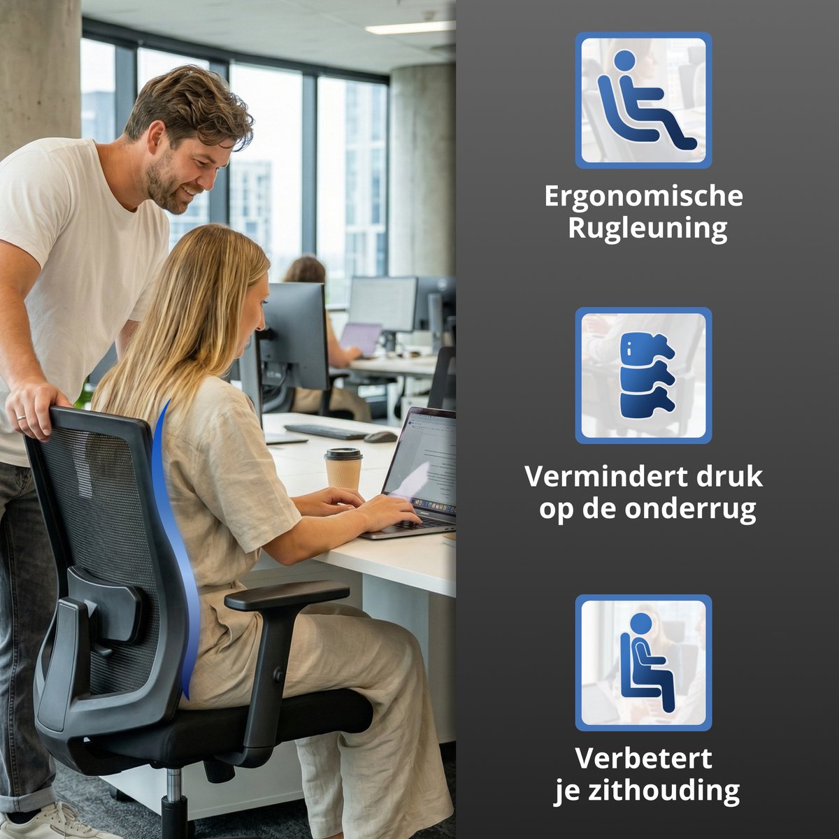 Chaise de bureau Backerz Low Mesh noire - Profondeur d'assise : 51 cm - Ergonomique - Jusqu'à 140 kg