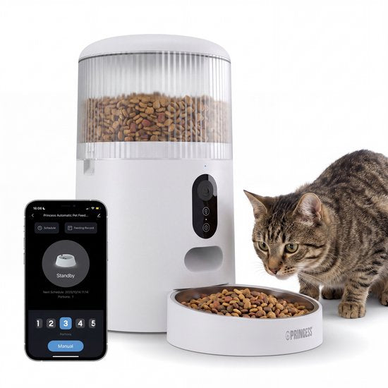 Mangeoire automatique Princess - Smart 4 litres - Chat et chien - Commande via application - Croquettes - Bol en acier inoxydable – Sans BPA – Batterie de secours - Distributeur automatique de nourriture - Distributeur de croquettes - 610040