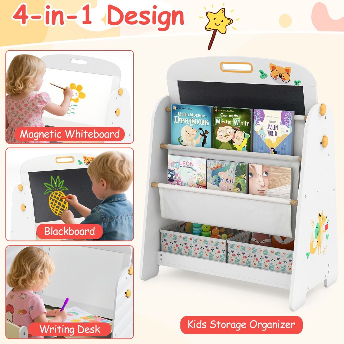 Ensemble de table et chaise pour enfant Coast - Conception 4-en-1 - Étagère à livres et espace de rangement - Couleur naturelle
