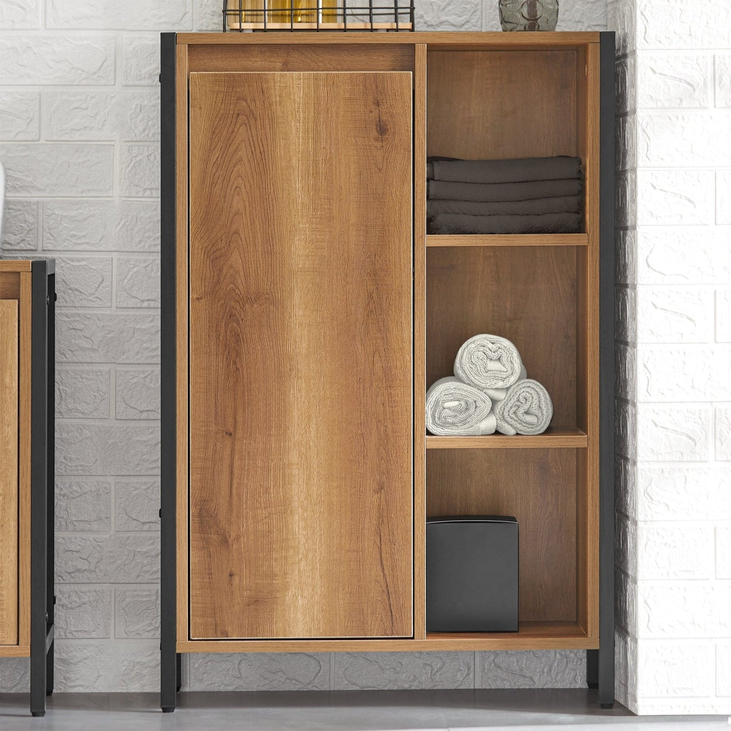 SoBuy Armoire de toilette - Panier à linge basculant - 3 compartiments - 24 x 24 x 60 cm - couleur bois