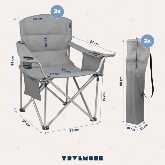 TRVLMORE Chaises de camping - Pliables - 2 pièces - Chaises pliantes - Capacité de charge de 150 kg - Porte-boissons - Compartiment réfrigérant - Poche latérale - Gris