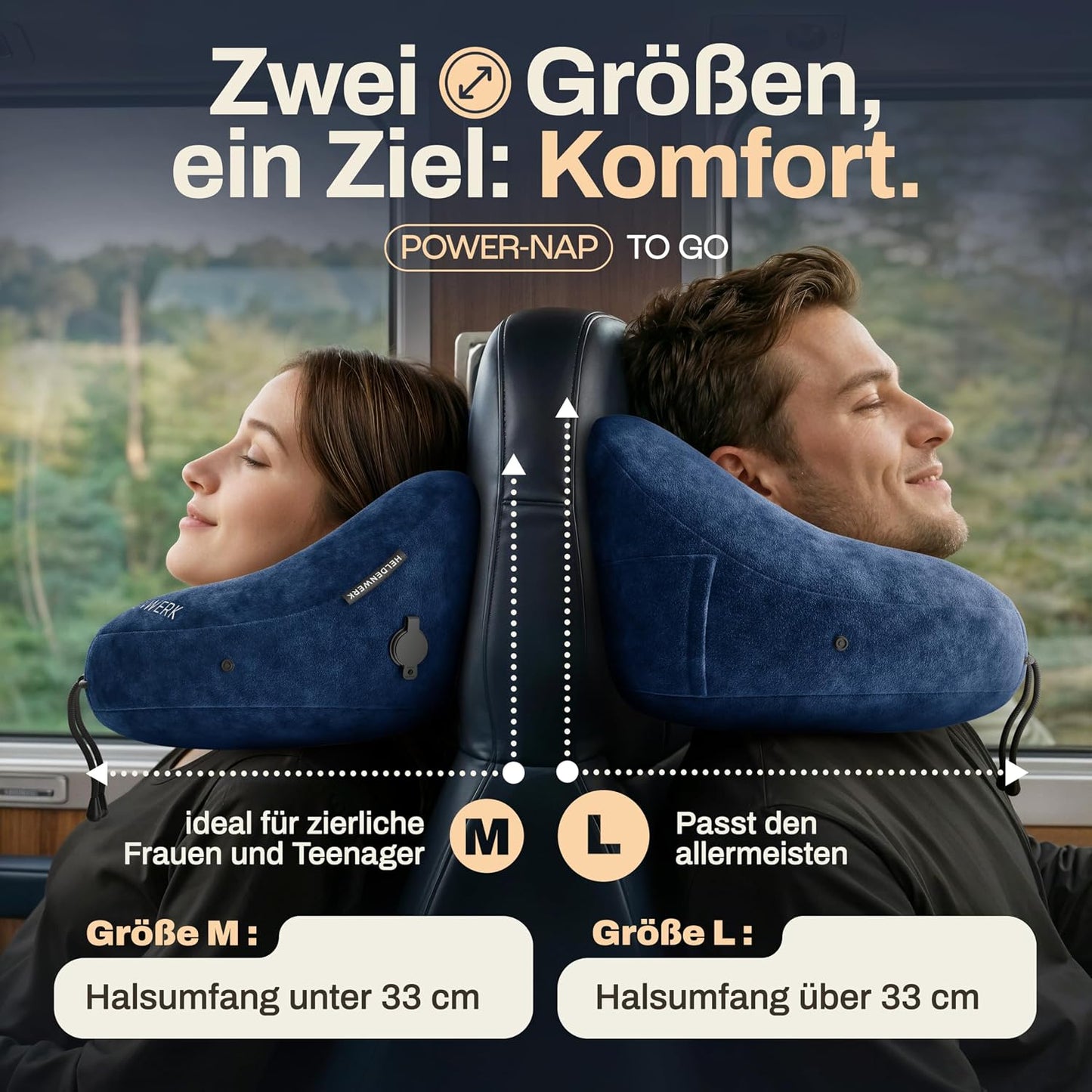 Oreiller gonflable pour la nuque Heldenwerk Premium Air - Bleu foncé - Avec capuche et bouchons d'oreille