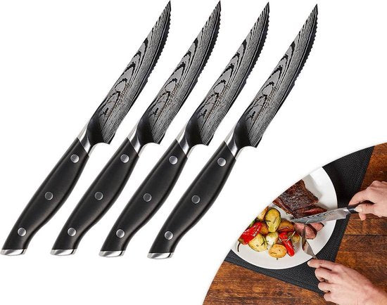 Ensemble de couteaux à steak Trusted Butcher - ensemble de couteaux haut de gamme - couteaux ultra-tranchants de qualité boucherie - couteaux à viande parfaitement équilibrés pour une découpe aisée - ensemble de 4 pièces.