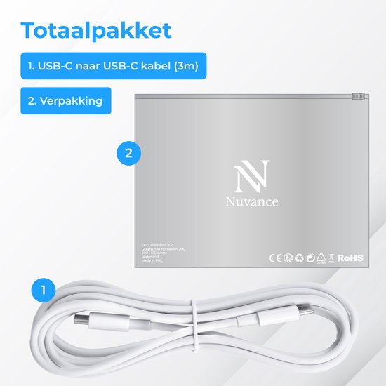 Câble USB-C Nuvance - 100 W - USB-C vers USB-C - 3 mètres - Câbles USB-C - Chargeur rapide - Transfert de données à 480 Mb/ps - Chargeur USB-C - Blanc