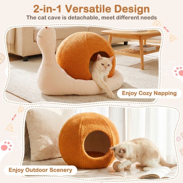 Panier pour chat Coast 2-en-1 en forme d'escargot - Maison pour chat fermée avec coussin amovible et lavable - 56 x 48 x 39 cm - Marron/Blanc