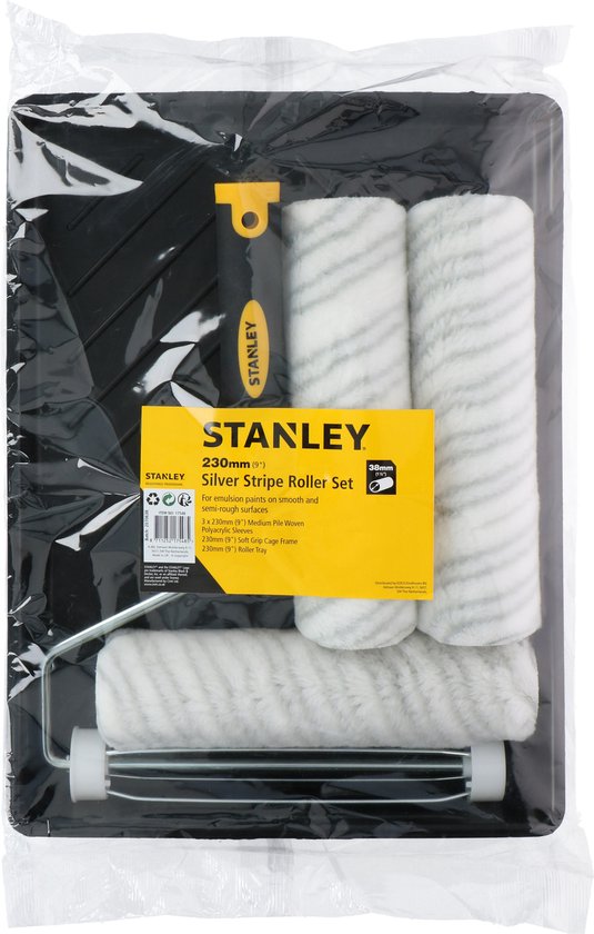 STANLEY Set de rouleaux à peinture - 230mm - 3x rouleau, 1x support, 1x bac à peinture - Pour surfaces lisses