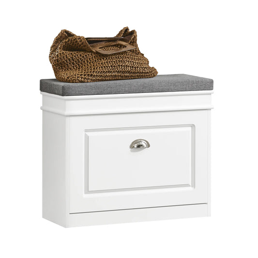 SoBuy - Meuble à chaussures - 60 x 24 x 51 cm - siège rembourré, rangement caché et construction en MDF E1 - pour l'entrée et la chambre - bois blanc