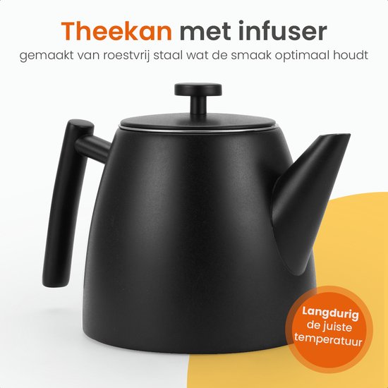 Goliving Théière avec filtre - 1 litre - Théière - Double paroi - Acier inoxydable - Infuseur de thé - Mat - Noir