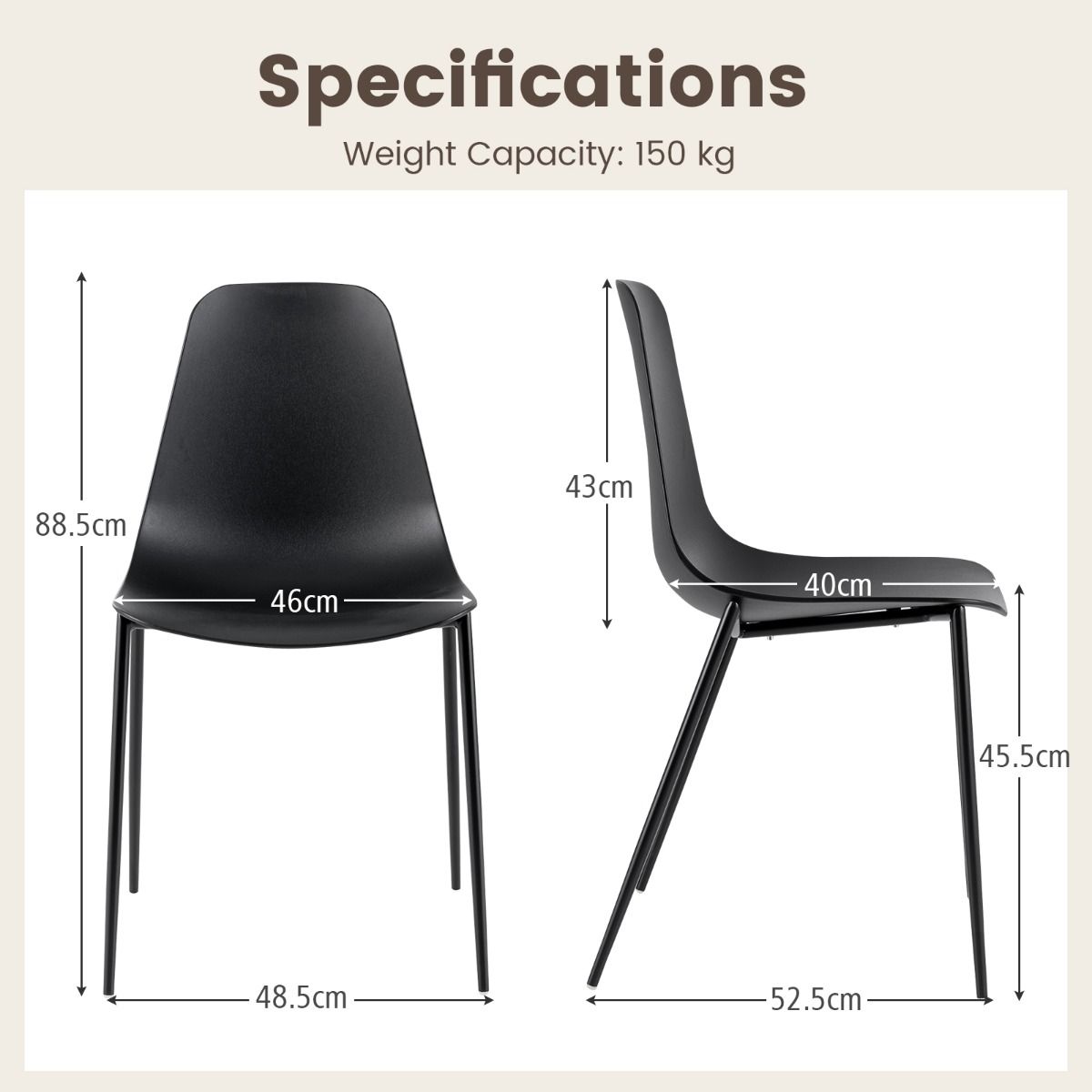 Coast Set of 4 Modern Dining Chairs Black 52.5 x 48.5 x 88 cm - Chaises de loisirs robustes avec pieds en métal