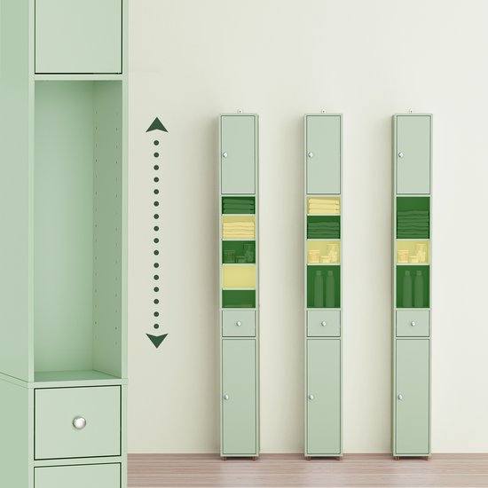SoBuy Armoires de salle de bain hautes - Armoire de rangement avec étagères réglables et tiroir - Armoire colonne salle de bain - 20x180x20cm, Light Green, BZR34-II-GR - pour salle de bain, salon, chambre à coucher