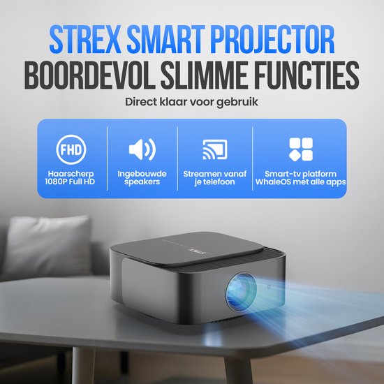 Strex Smart Beamer WiFi - Mini-projecteur avec applications (WhaleOS) - Projecteur Full HD 1080p - Compatible 4K - Bluetooth et haut-parleurs intégrés - Sac de rangement et écran de projection inclus