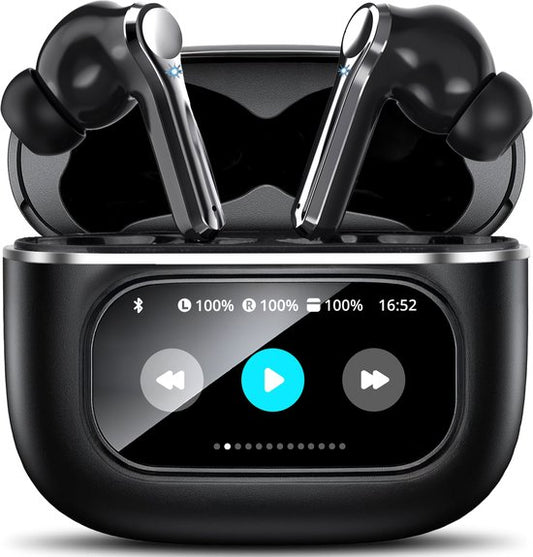 Écouteurs sans fil Soundtrex Display - Écouteurs Bluetooth - Écouteurs sans fil - Suppression active du bruit - Écran LED - Bluetooth 5.3 - Noir