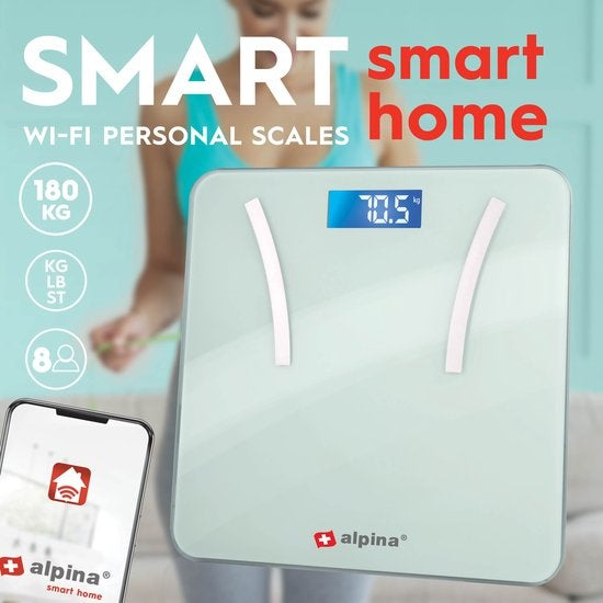 alpina Smart Home - Pèse-personne intelligent - avec analyse corporelle - incluant le poids, le pourcentage de graisse et la masse musculaire - avec application - jusqu'à 8 utilisateurs