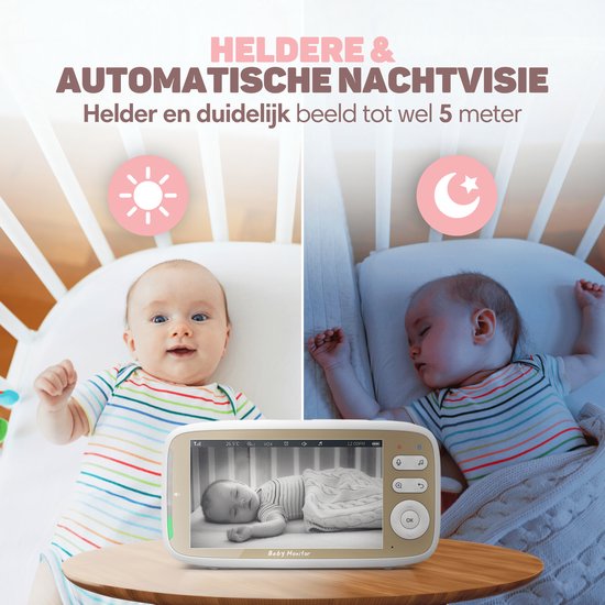 Vulpes Goods® Babycare - Baby Monitor avec caméra - Baby Monitor avec caméra et VOX - écran FULL HD de 5 pouces - télécommandable - Baby Camera - Baby Monitors with Sound Detection - Nightvision - PRO Version - White