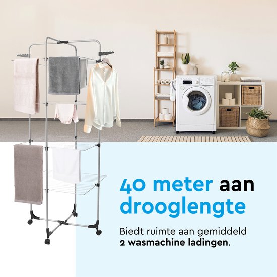 BRASQ Tour de séchage 4 couches - Longueur de séchage 40 mètres - Étagère de séchage avec roulettes et supports - Étagère à linge - Tour de séchage 68x68x169 cm - Blanc