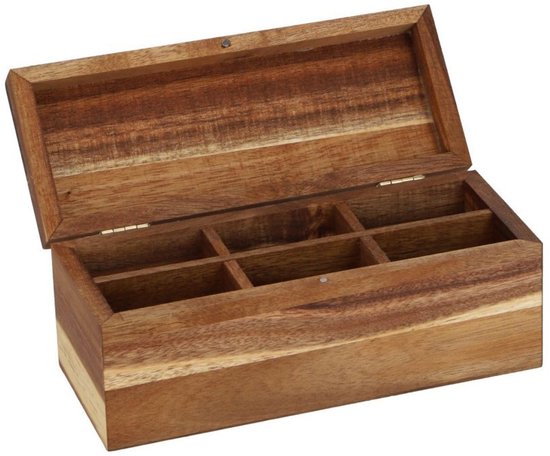 Boîte à thé Daily Home en bois, 6 compartiments, marron, avec couvercle à charnières.