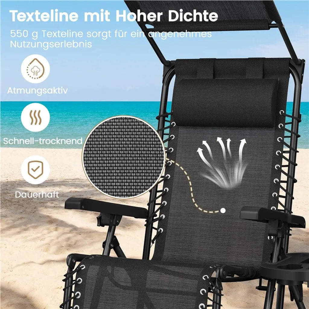 Chaise longue Yaheetech Zero Gravity 166 x 64 x 70 cm - Toit pare-soleil - Coussin pour la nuque/porte-gobelet - Noir