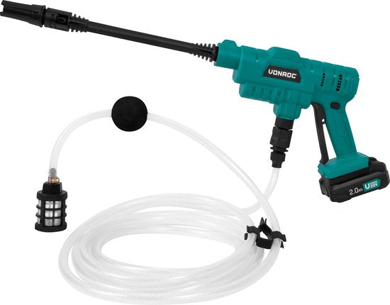 VONROC Accu nettoyeur haute pression 20V - 24bar - 198 l/h - Inclus tuyau d'aspiration de 5m, bouteille de détergent et buse ajustable - Inclus batterie 2.0Ah et chargeur rapide