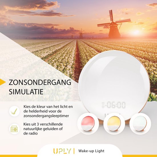 UPLY Wake Up Light - Avec point de chargement USB - Réveil lumineux - Réveil radio - 2 heures d'alarme - 7 couleurs