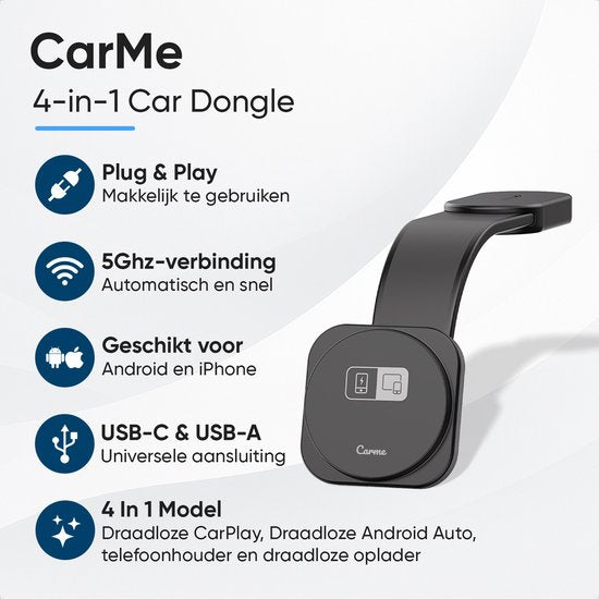 CarMe 4-in-1 CarPlay Dongle Pro - Avec chargeur sans fil - Wireless CarPlay & Android Auto - Android Auto Dongle - MagSafe Car Holder - Noir