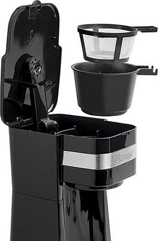 Bestron Cafetière avec tasse thermos, pour café filtre moulu et idéal pour le camping, 2 grandes tasses, 750 Watt, acier inoxydable, Couleur : argent/noir