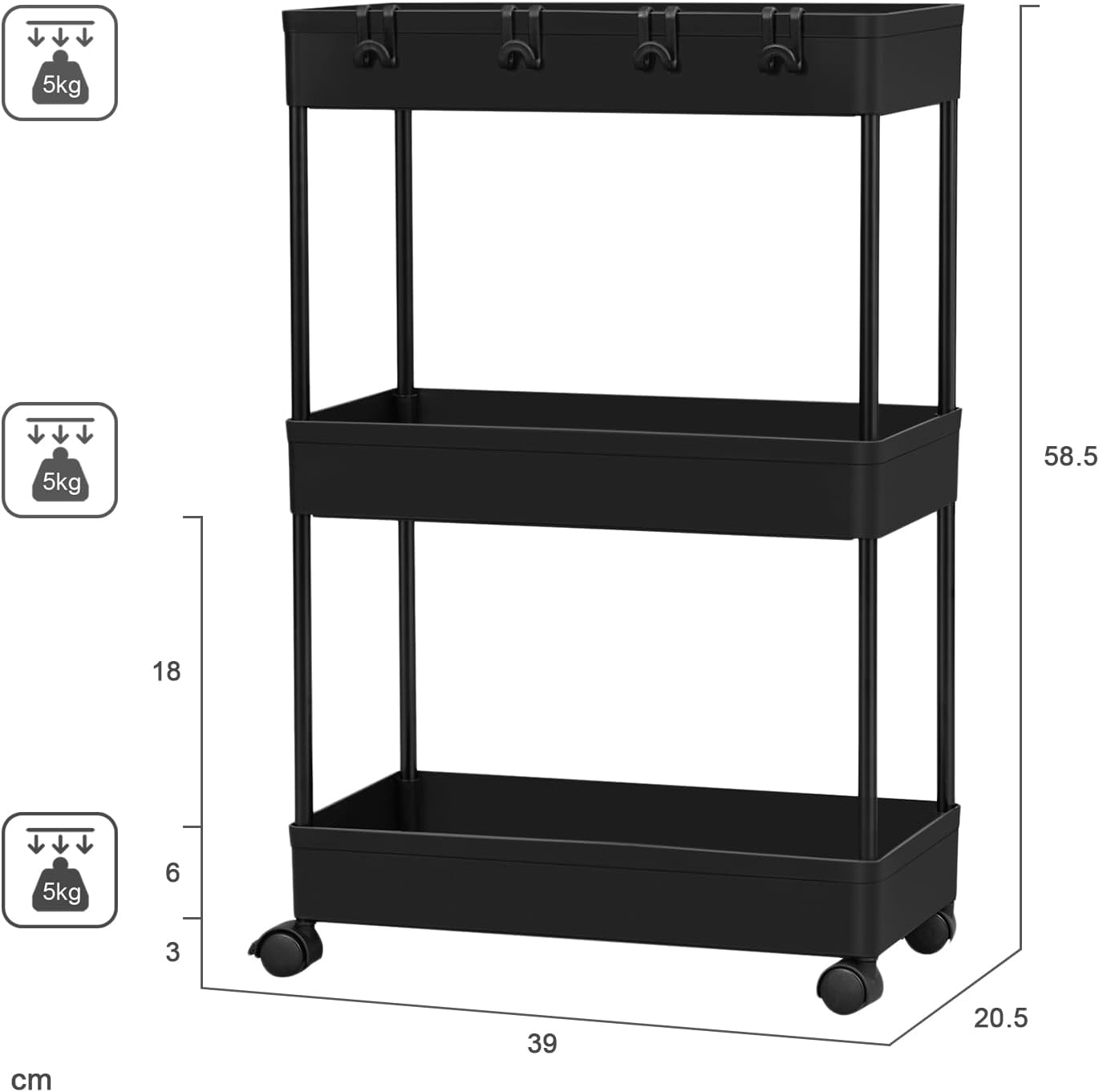 Chariot de rangement Klihome à 3 étages - 39 x 20,5 x 58,5 cm - Mobile - Jusqu'à 15 kg