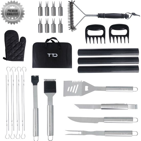 TTD® Premium BBQ Accessories Set 30-piece - BBQ Tool Set Stainless Steel - Barbecue Accessories - BBQ tongs - BBQ spatula - With BBQ Gloves and Cleaning Brush - Includes Storage Bag